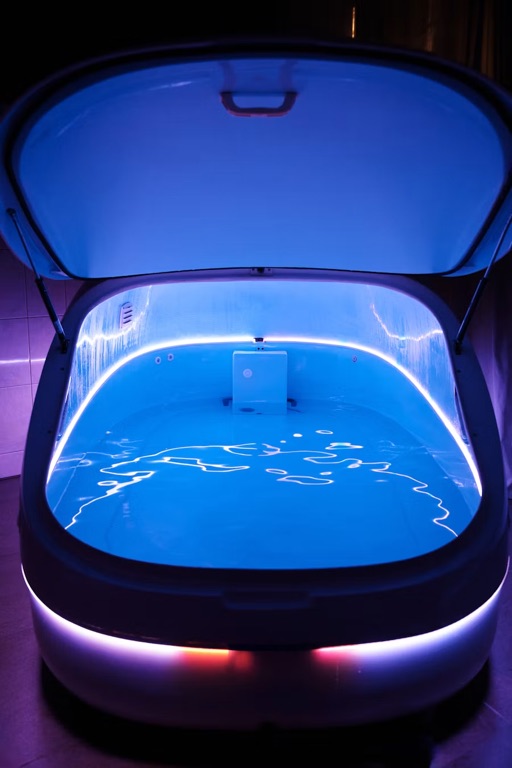 An open float pod with its interior light on, ready for a session.